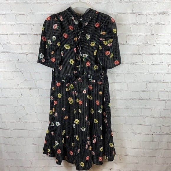Hayden Midi Summer Dress Floral Spring Asian Retro Pinup Vibe Polkadot Cutout L - Picture 2 of 7